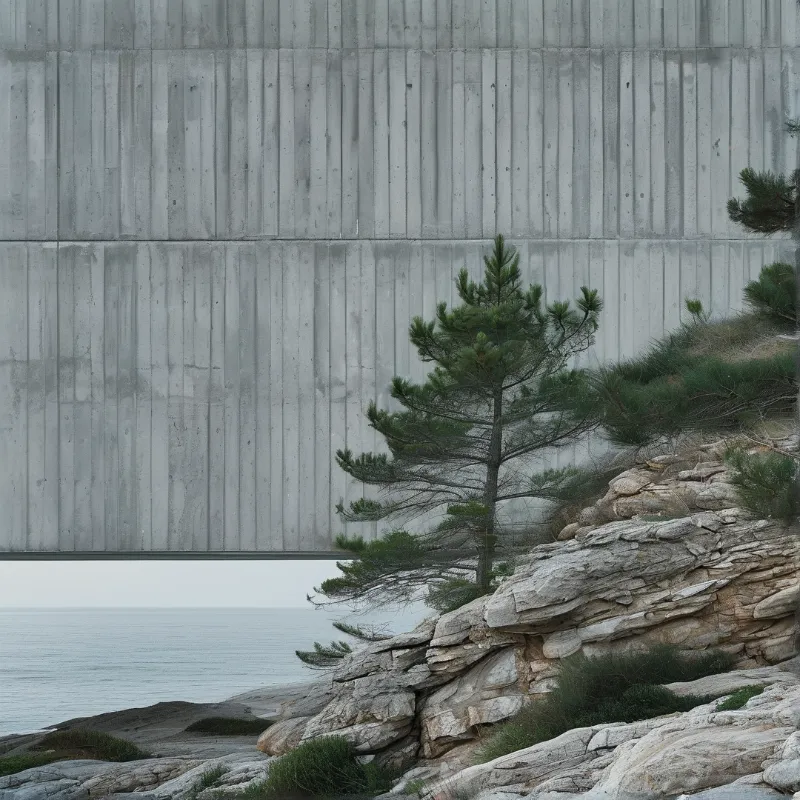 A massive gray concrete wall stands vertically behind a rocky shoreline where a pine tree grows near calm blue water.
