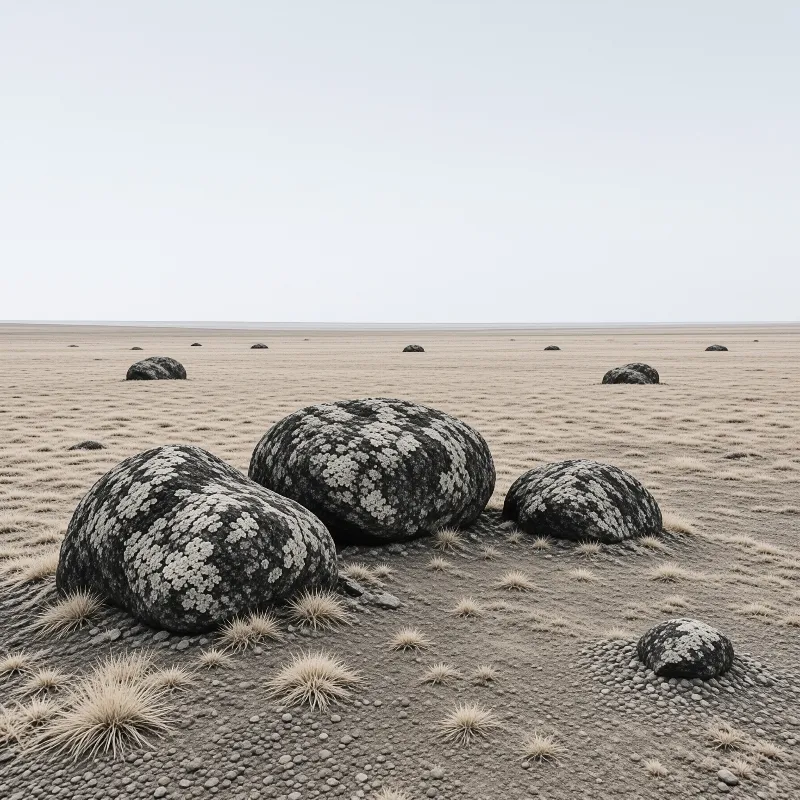 Several large rounded boulders covered in lichen sit on a flat sandy desert floor under a pale overcast sky.