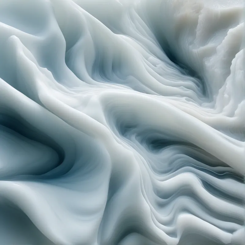 Smooth blue and white marble-like structures undulate across the image creating a sense of flowing liquid motion.