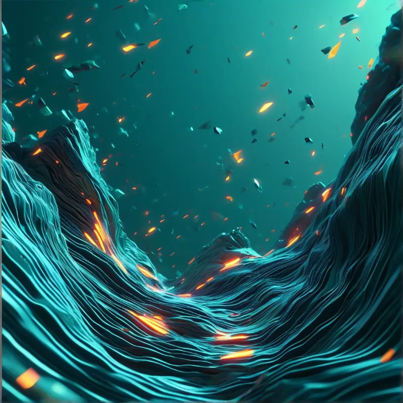 Glowing amber streaks wind through turquoise rock walls while shards drift through the sky