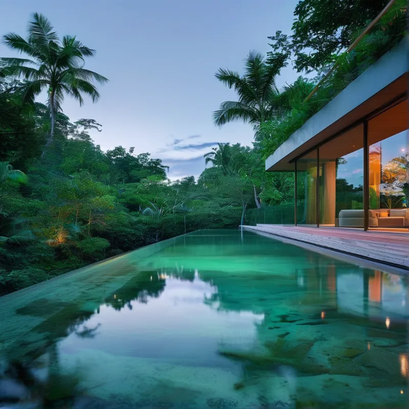 Clear water in a large pool reflects the sky beside a modern glass house nestled within a lush green forest at dusk.