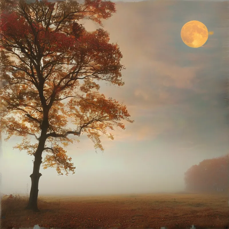 A rust colored tree stands alone in a foggy field as an oversized full moon glows through pale evening haze