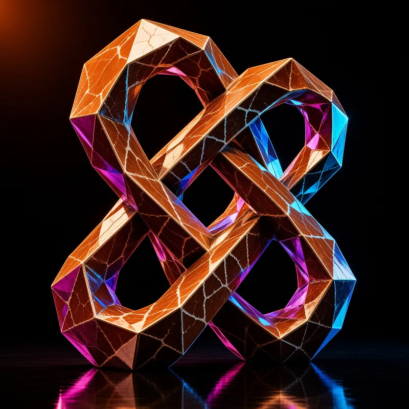 A faceted cracked infinity shaped sculpture sits against a black backdrop, lit with warm orange, purple and blue coloration.