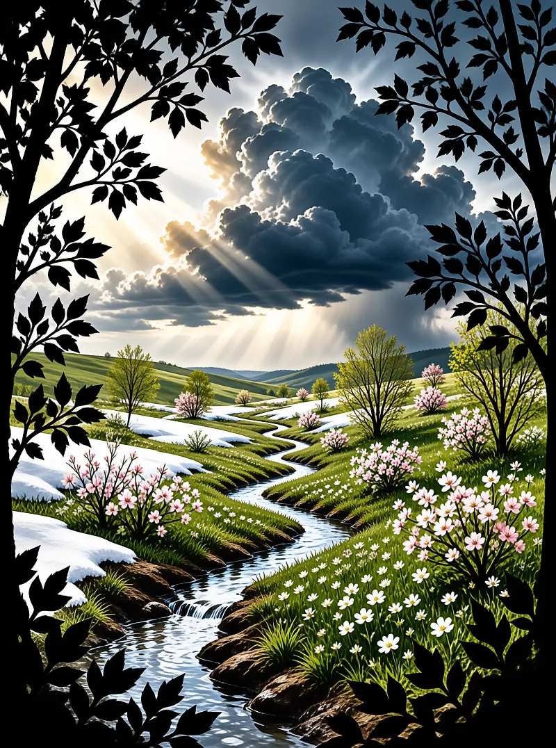 A winding creek flows through green hills with pink blossoms and snow patches under sunbeams breaking through clouds.