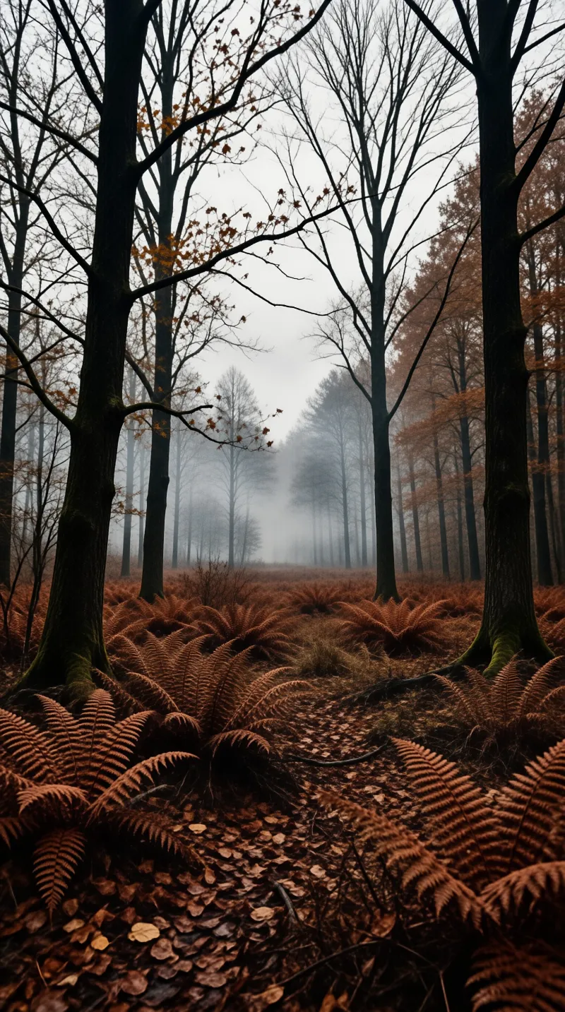 Rust colored ferns carpet an autumn forest floor as dark trunks and thin branches fade into thick fog.