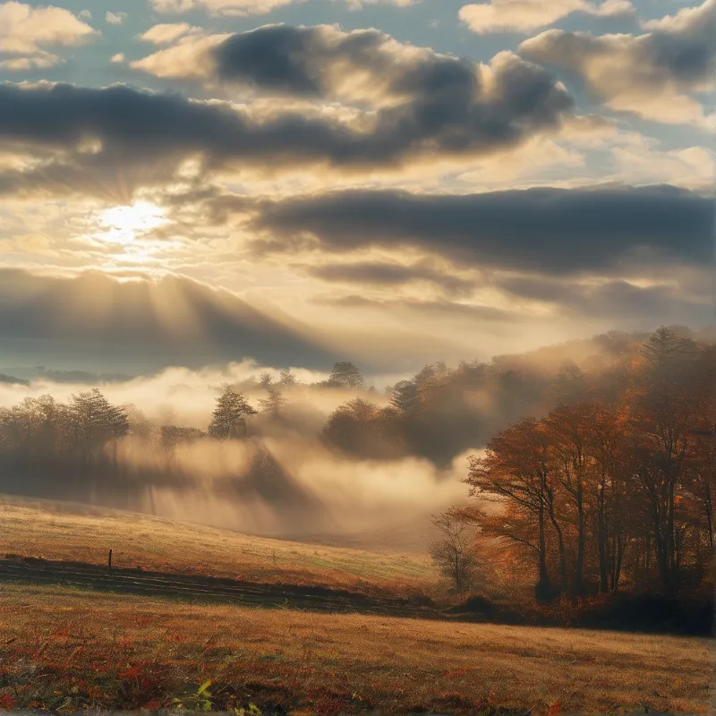 Sunlight breaks through heavy clouds to illuminate a misty valley filled with autumn foliage and rolling hills.