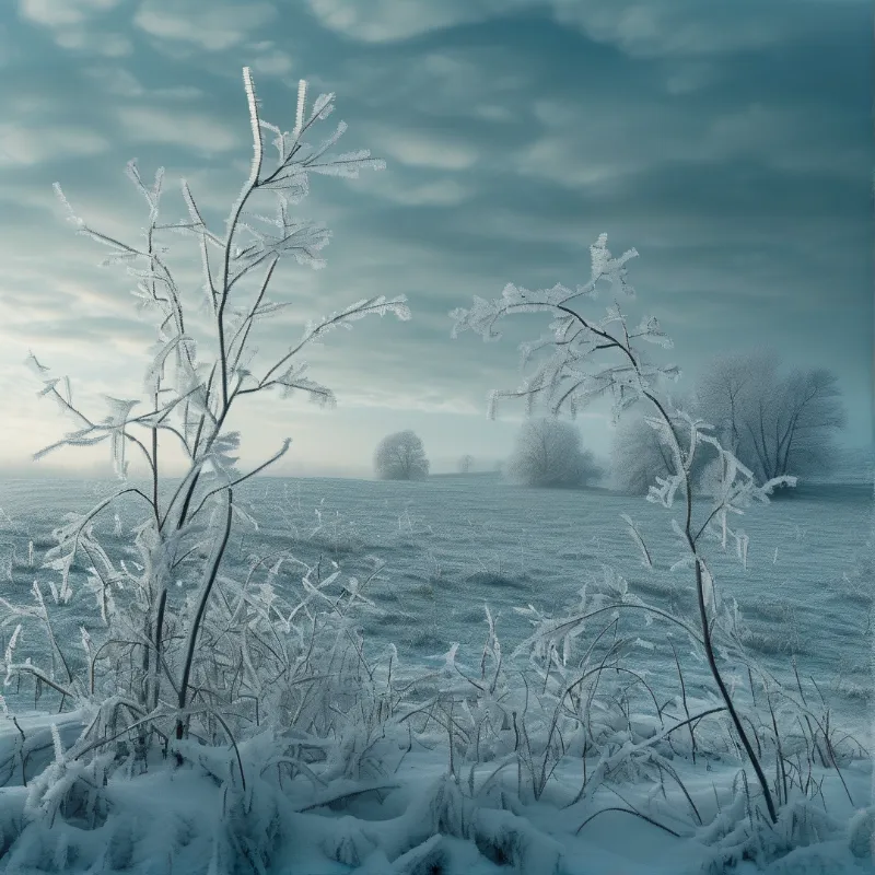 Frozen plant stems rise from snow-covered ground facing a hazy landscape with trees obscured by fog