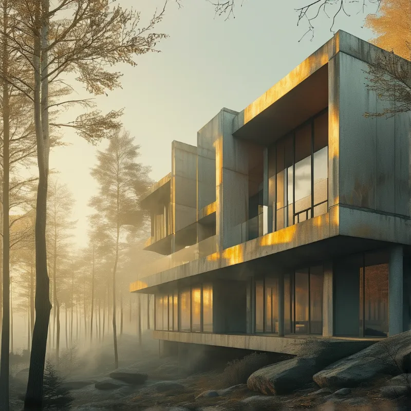 Modern House in Misty Forest