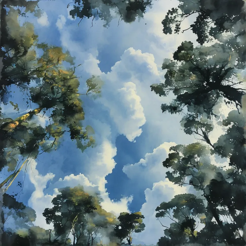Woodland trees form a natural frame around a bright sky filled with puffy cumulus clouds and dappled green canopy.