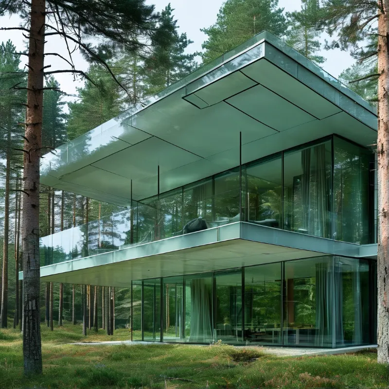 A two-story glass building with a cantilevered roof sits within a forest of tall pine trees under soft daylight.