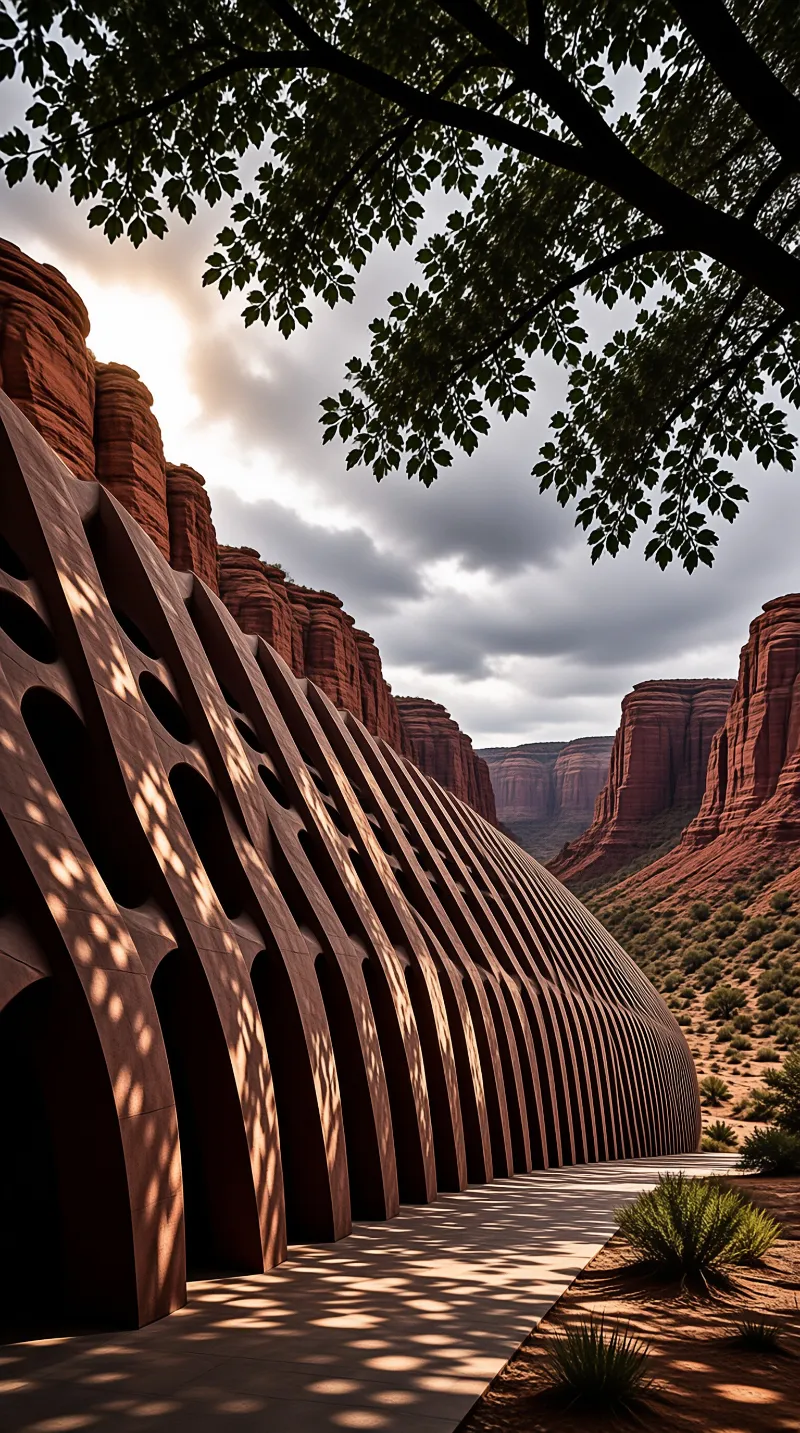 A curved ribbed wall lines a canyon pathway while dappled sunlight filters through overhead tree branches.