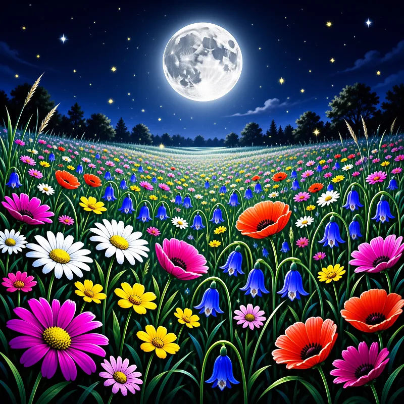 Moonlit Wildflower Meadow Landscape