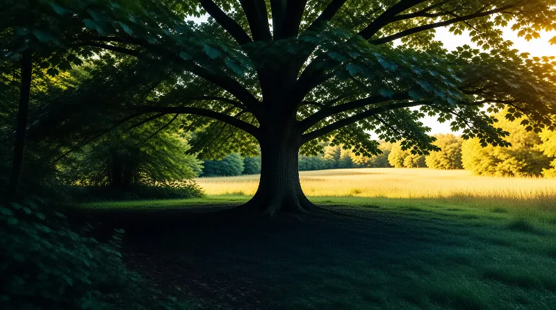 A massive oak tree stands alone in a green meadow while warm sunlight illuminates the grass and leaves.
