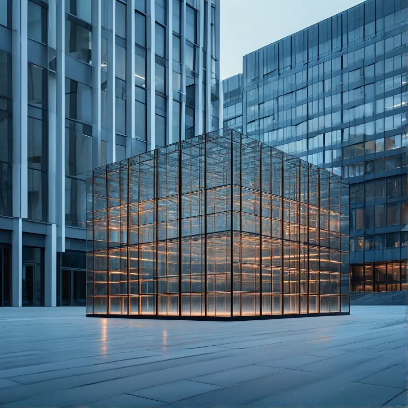 A transparent cubic building emitting warm light stands on a plaza surrounded by tall glass office towers reflecting the sky.