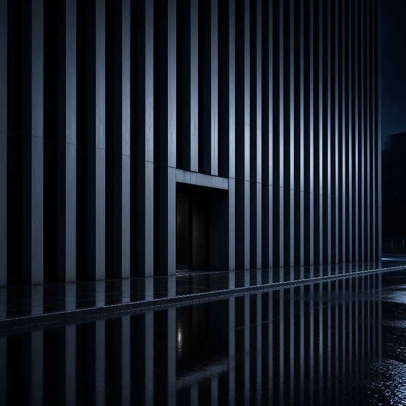Dark concrete fins line a modern facade above wet ground reflecting cool blue light and a dark entrance.
