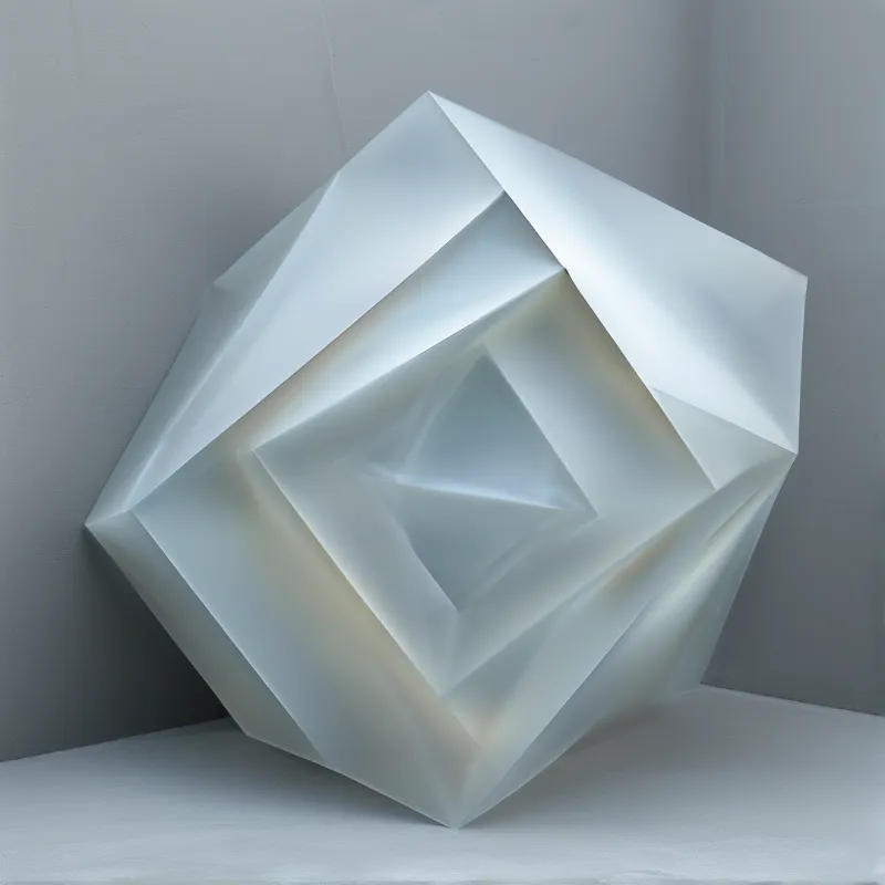 A white folded geometric shape sits in the corner of a grey room with soft lighting.