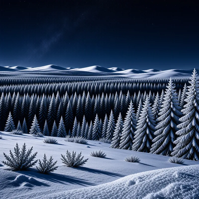 A vast winter landscape features snow laden evergreen trees standing before rolling hills under a dark starry sky.
