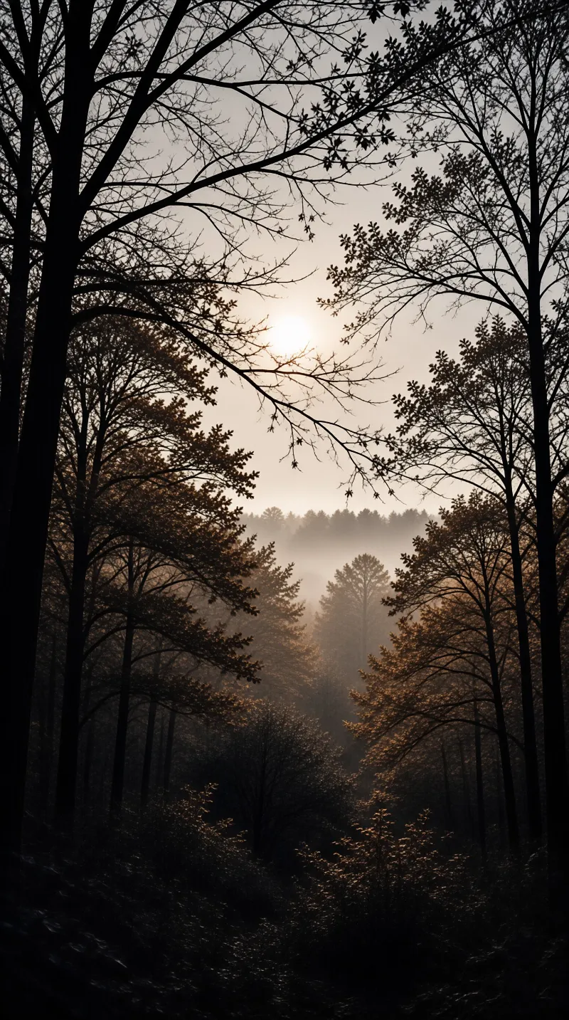Dark tree silhouettes frame a bright sun rising over a foggy valley filled with distant conifers.