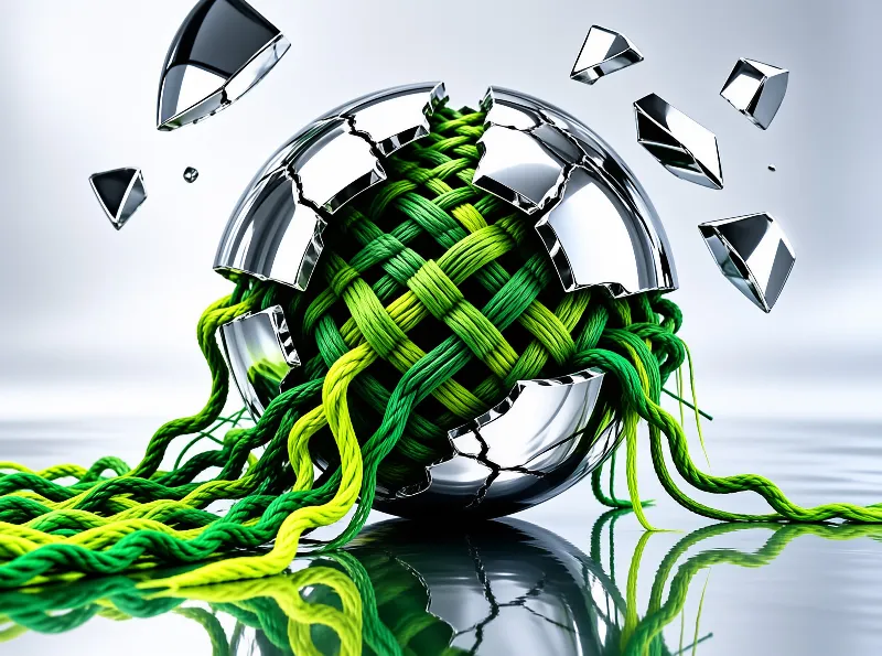 A broken chrome ball reveals woven green ropes emerging from inside onto a reflective surface.