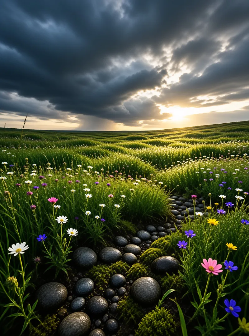 Wildflowers Under Stormy Sky