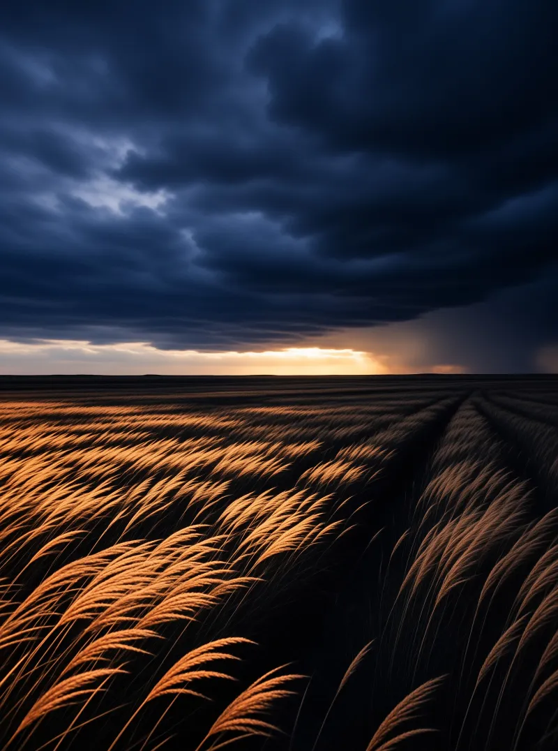 Rows of golden wheat stretch toward the horizon while dark storm clouds gather overhead against a bright sky.