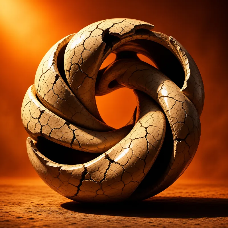 A twisted sculptural form with cracked golden surfaces rests against a warm orange background.