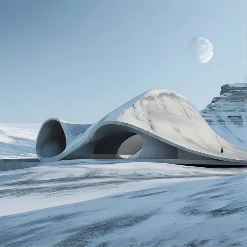 A flowing white parametric concrete structure with oval openings rests on a pale alien snowfield under a distant moon.