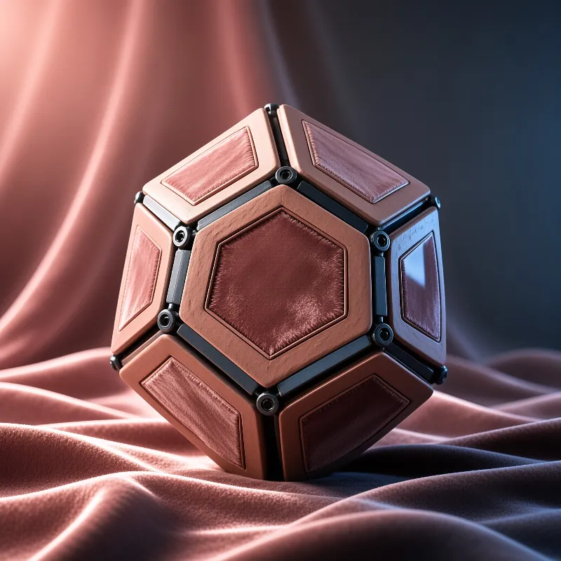 A geometric puzzle cube with wooden frames and felt panels rests on draped pink satin under soft light.