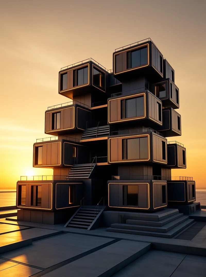 Interlocking dark cubes with amber-lit window frames rise above a concrete plaza as the sun drops into a calm sea.