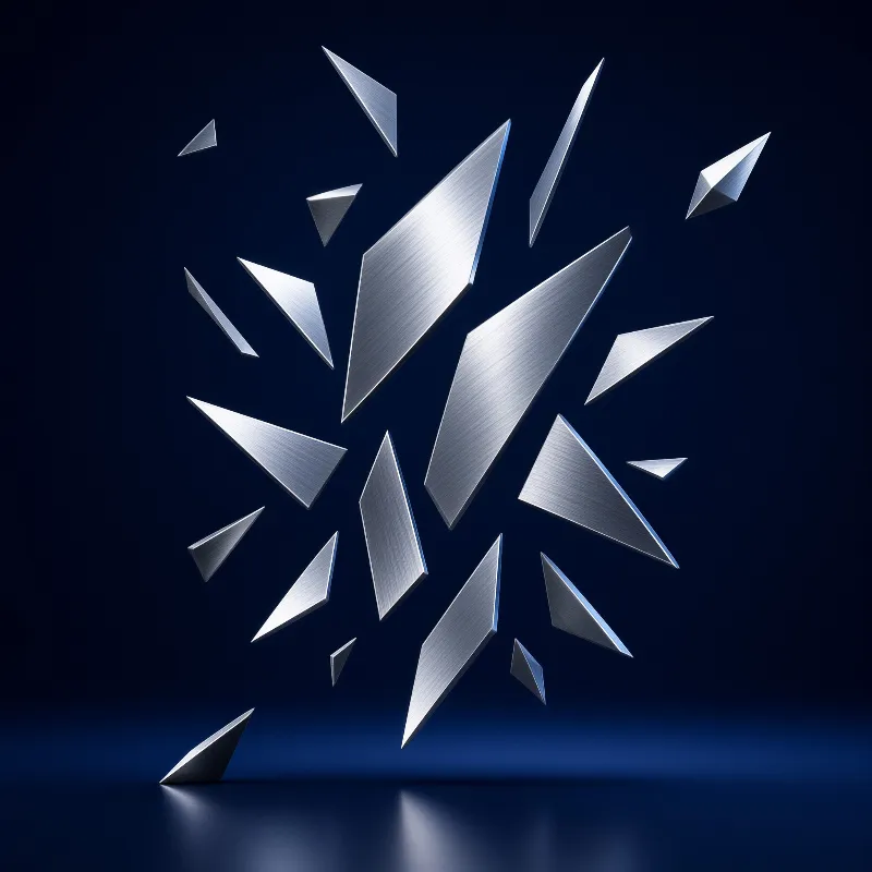 Brushed metal triangular shards float at varied angles against a dark blue studio background with faint reflections below