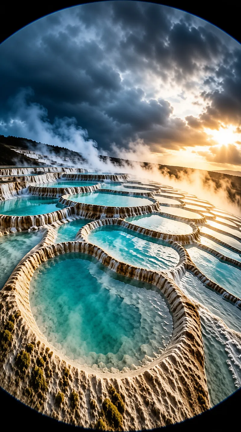 Layered mineral pools filled with bright blue water rise in steam against a dramatic cloudy sky lit by a bright sun.