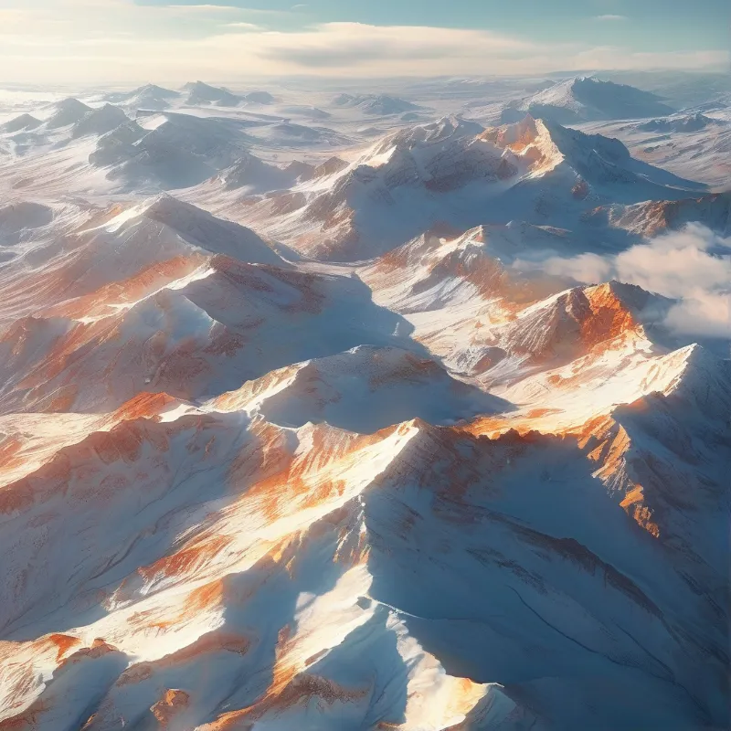 Snowy mountain peaks catch warm sunlight while deep blue shadows fill the valleys below.