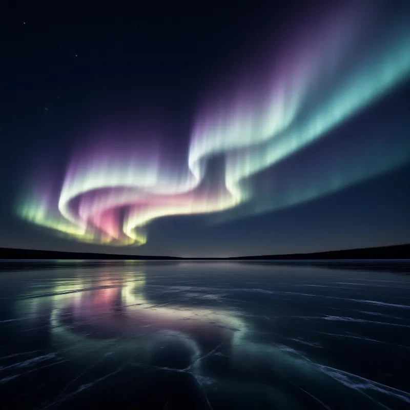 Vibrant green and purple aurora curtains stretch across the dark sky above a smooth frozen lake surface.
