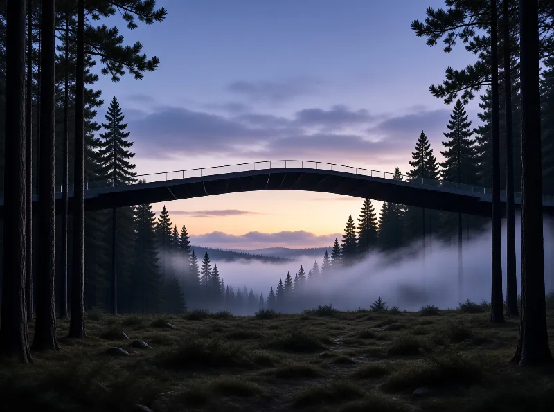 A sleek curved bridge spans a misty valley filled with tall pine trees under a soft twilight sky.