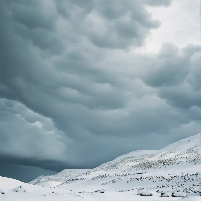 Rolling snow covered hills sit below deep gray storm clouds that occupy the entire upper half of the wide landscape view