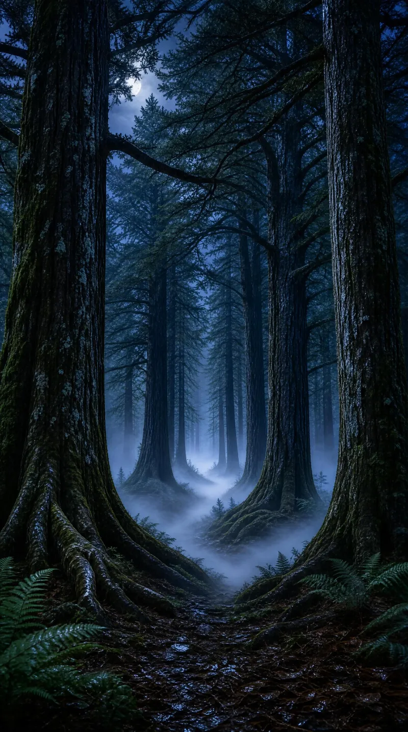 Night Forest with Moon and Mist