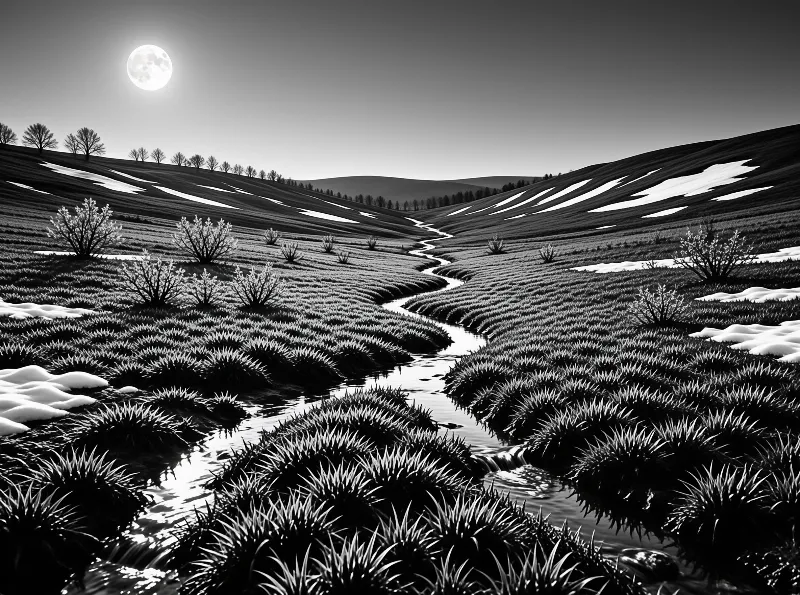 Monochromatic landscape featuring a twisting creek cutting through grassy terrain with snow patches and a bright moon.
