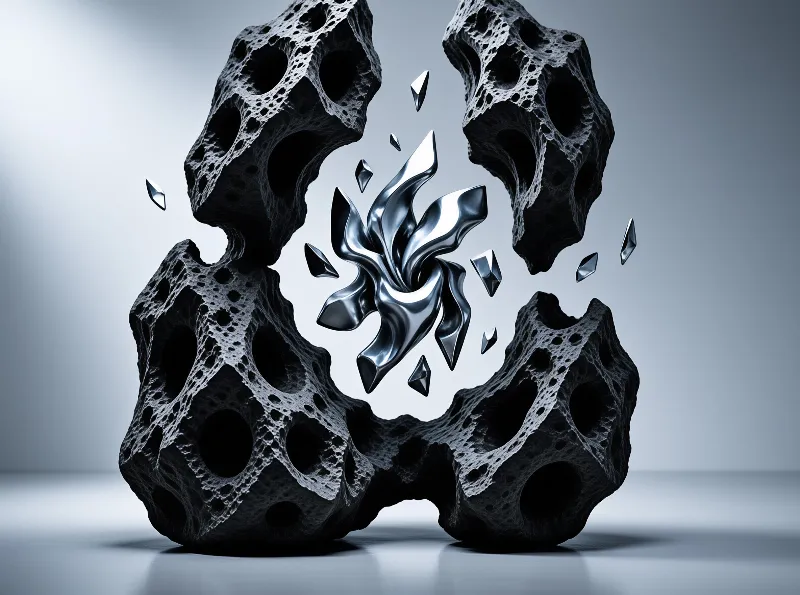 Porous black stone breaks apart revealing shiny silver liquid metal exploding from the center with shards flying outward.