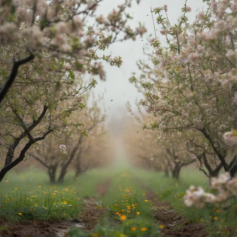 Rows of pale flowering trees frame a grassy lane dotted with small yellow blooms in drifting fog.