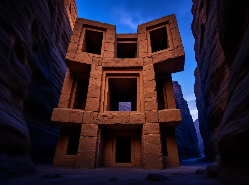 A sculpted tower of hollow sandstone cubes stands framed by sweeping canyon walls under deep blue twilight.