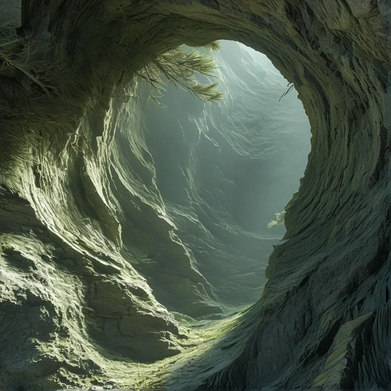 A textured rock tunnel frames a misty green landscape through a circular opening with pine branches overhead.