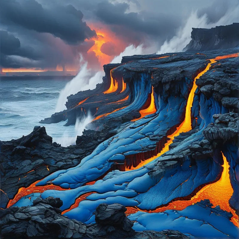 Rivers of orange molten rock spill over dark basalt cliffs into a churning sea while steam columns rise beneath heavy cloud.