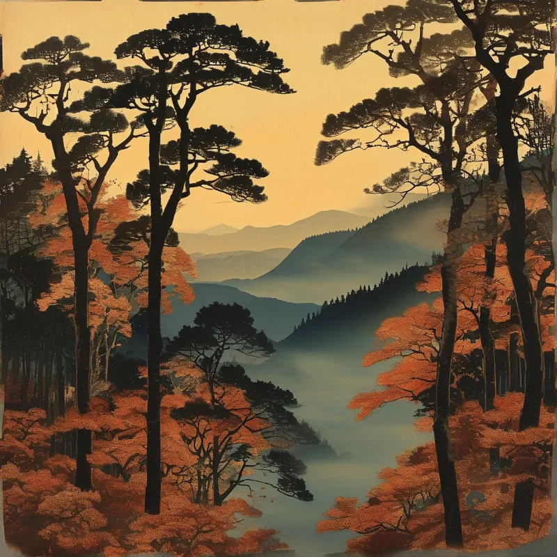Tall pines with dark trunks and orange foliage frame misty layered mountains under a golden sky.