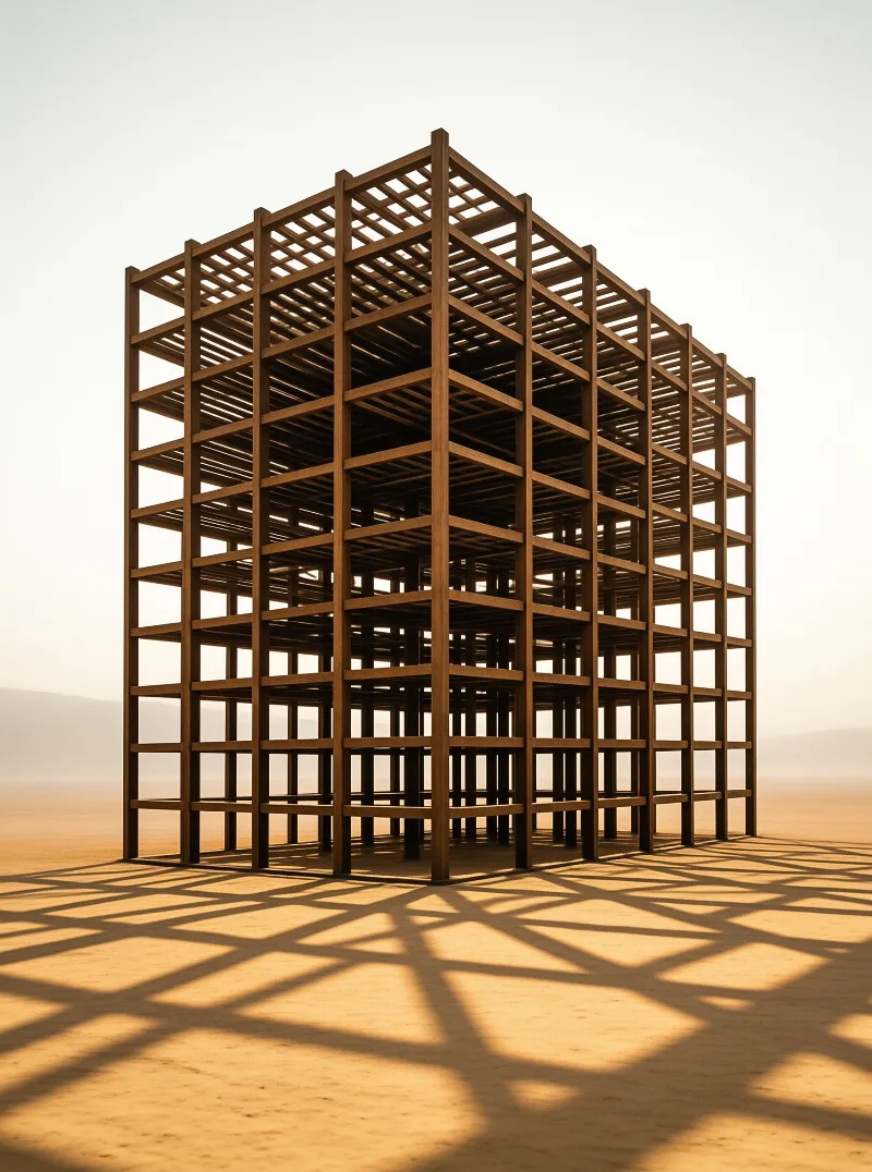 Wooden lattice frame sits isolated on open desert, casting sharp geometric grid shadows over sand in bright low sunlight.
