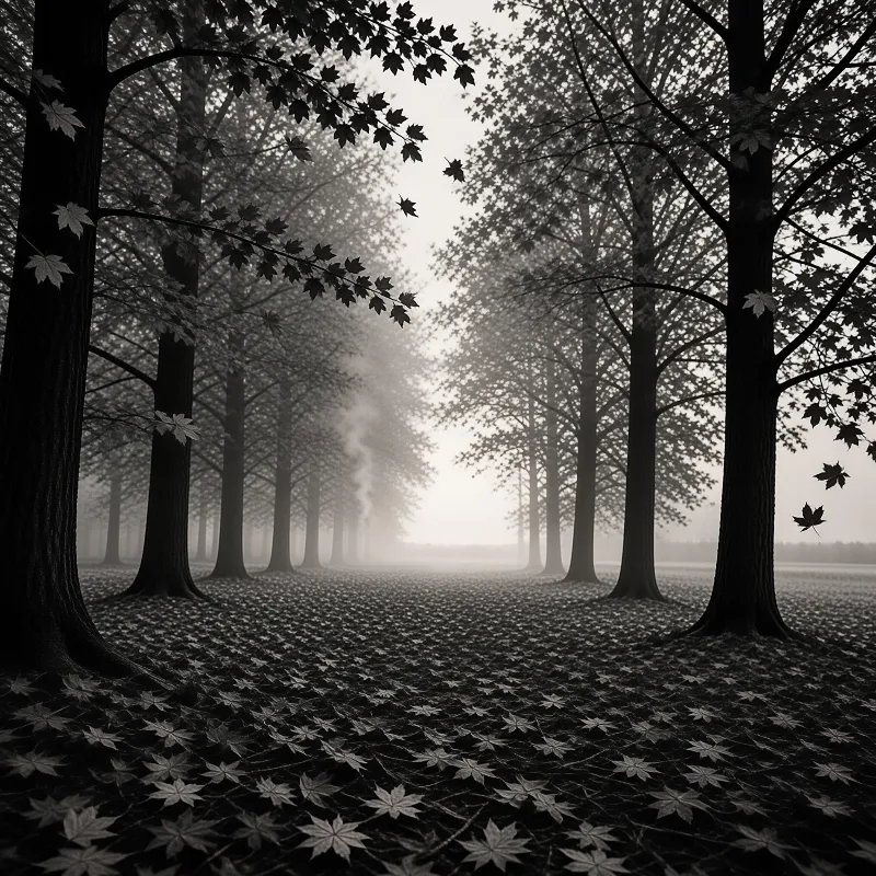 A monochromatic view of tall trees lining a path covered in fallen leaves with fog in the distance.