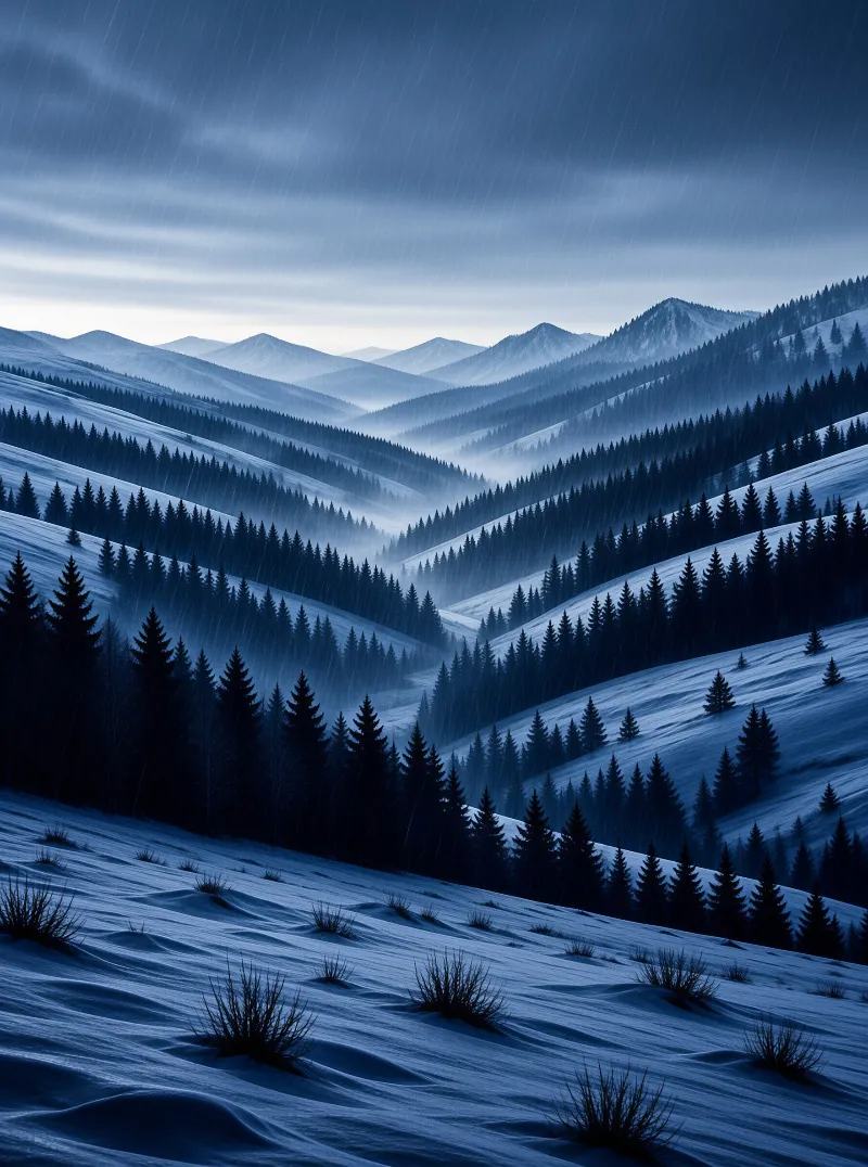 A vast landscape of rolling snow-covered hills densely populated with dark evergreen trees under a hazy blue sky.