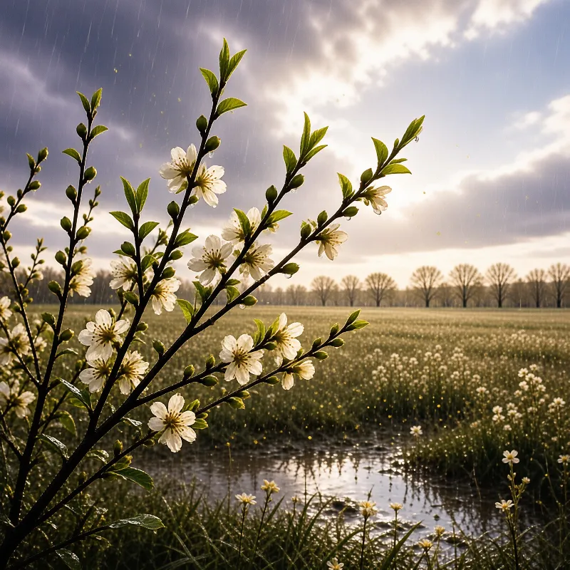 A flowering branch with white blossoms stands before a rainy meadow stream under sunlit breaking clouds.