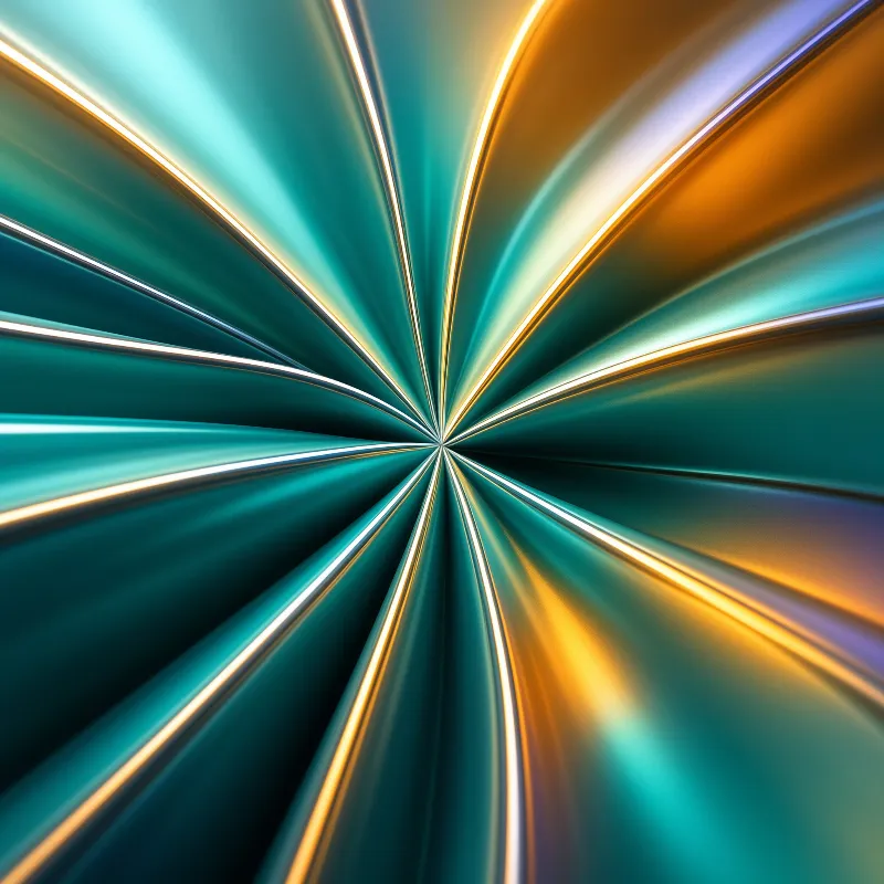 Curved metallic surfaces in teal and gold radiate from a central point with bright reflective highlights.
