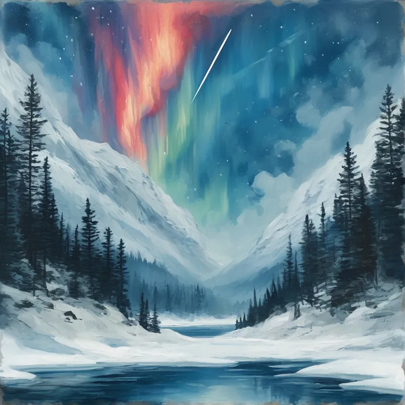 A snowy mountain landscape shows a dark lake beneath a sky filled with red and green aurora and a bright meteor.
