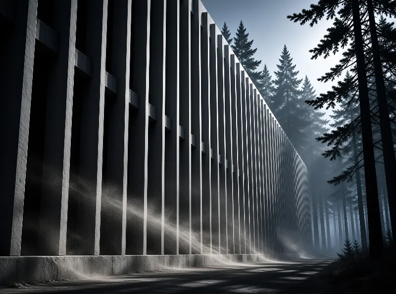 A towering wall of vertical concrete blades disappears toward a fog filled pine forest under pale light beams